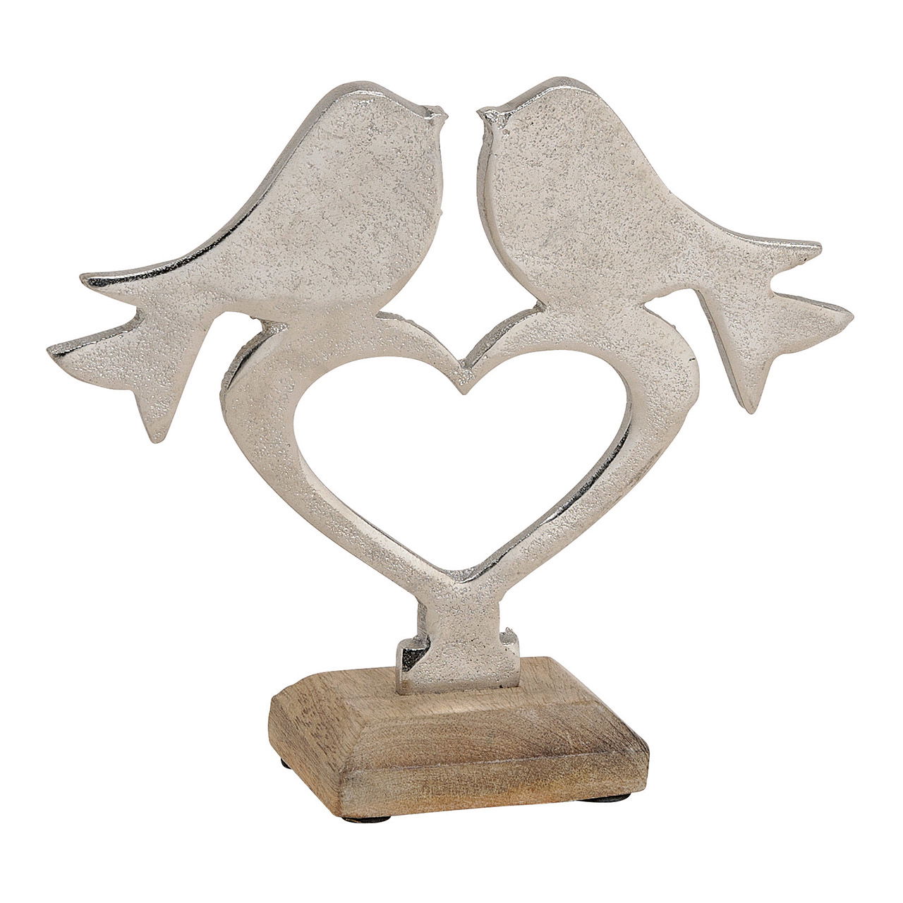 Uccello in metallo su supporto a cuore su base in legno di mango argento, marrone (L/A/D) 19x17x6cm Uccello in metallo su supporto a cuore su base in legno di mango argento, marrone (L/A/D) 19x17x6cm