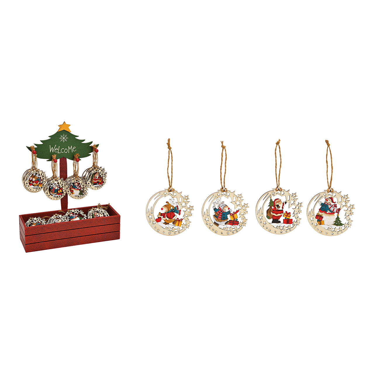 Weihnachtshänger Mond Nikolaus Elch Schneemann Dekor auf Baumständer (B/H/T) 30x36x11cm aus Holz, 4-fach, Bunt (B/H/T) 7x7x0.5cm Zubehor, Ohrring, Schmuck
