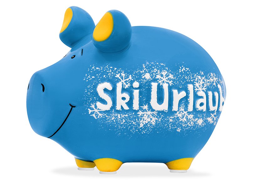 Salvadanaio KCG piccolo maiale, vacanze sulla neve in ceramica blu (L/H/D) 12,5x9x9cm