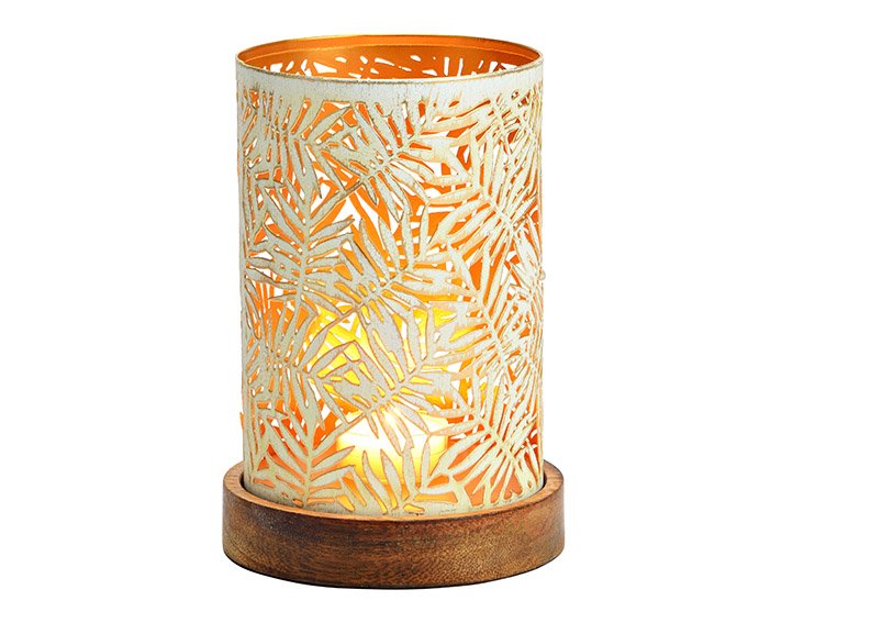 Windlight on mango wood base metal white, gold (W/H/D) 10x18x10cm