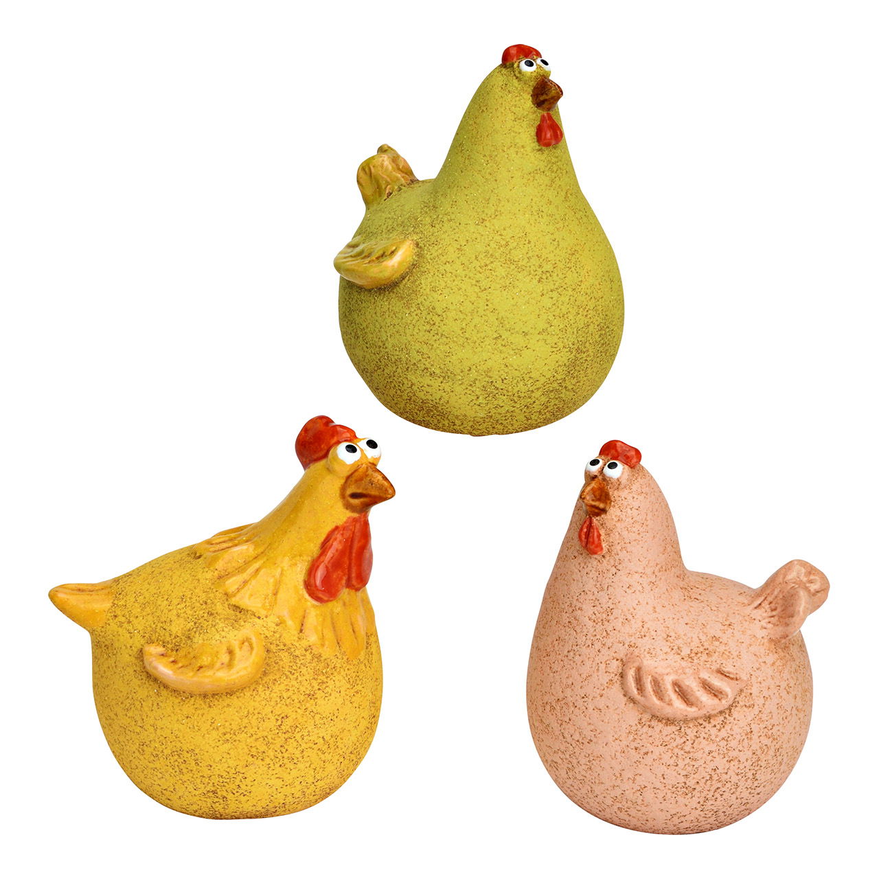 Poulet en faïence, triple, jaune/rose/vert (L/H/P) 9x11x9cm Hühnchen, Geflügel, Obst, Produzieren, Birne