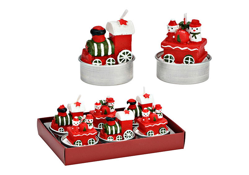 Set di 6 tealight con trenino di Natale, in cera rossa (L/H/D) 4x4x4cm