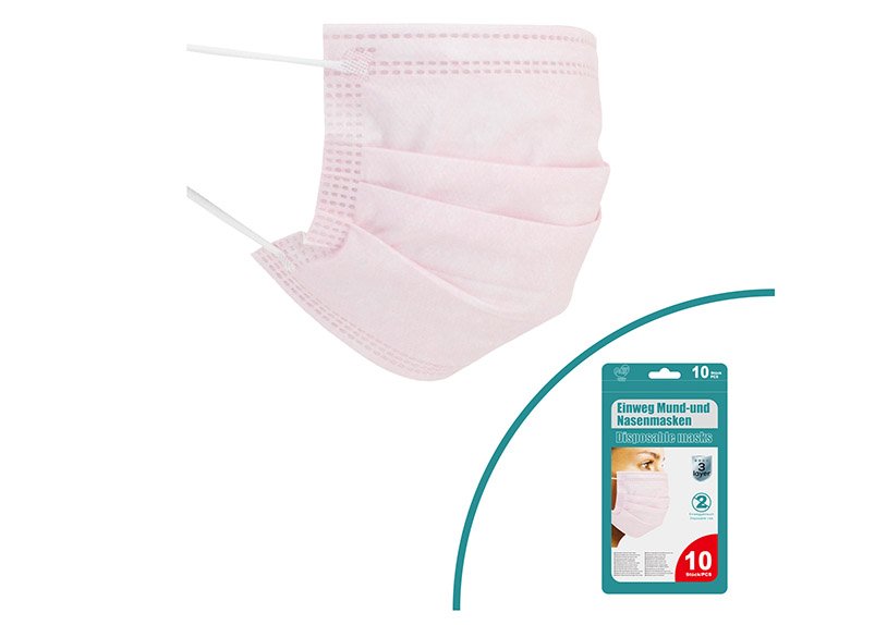 Face mask set of 10 - pink, 3-ply, with ear loops, in a bag of 10pcs