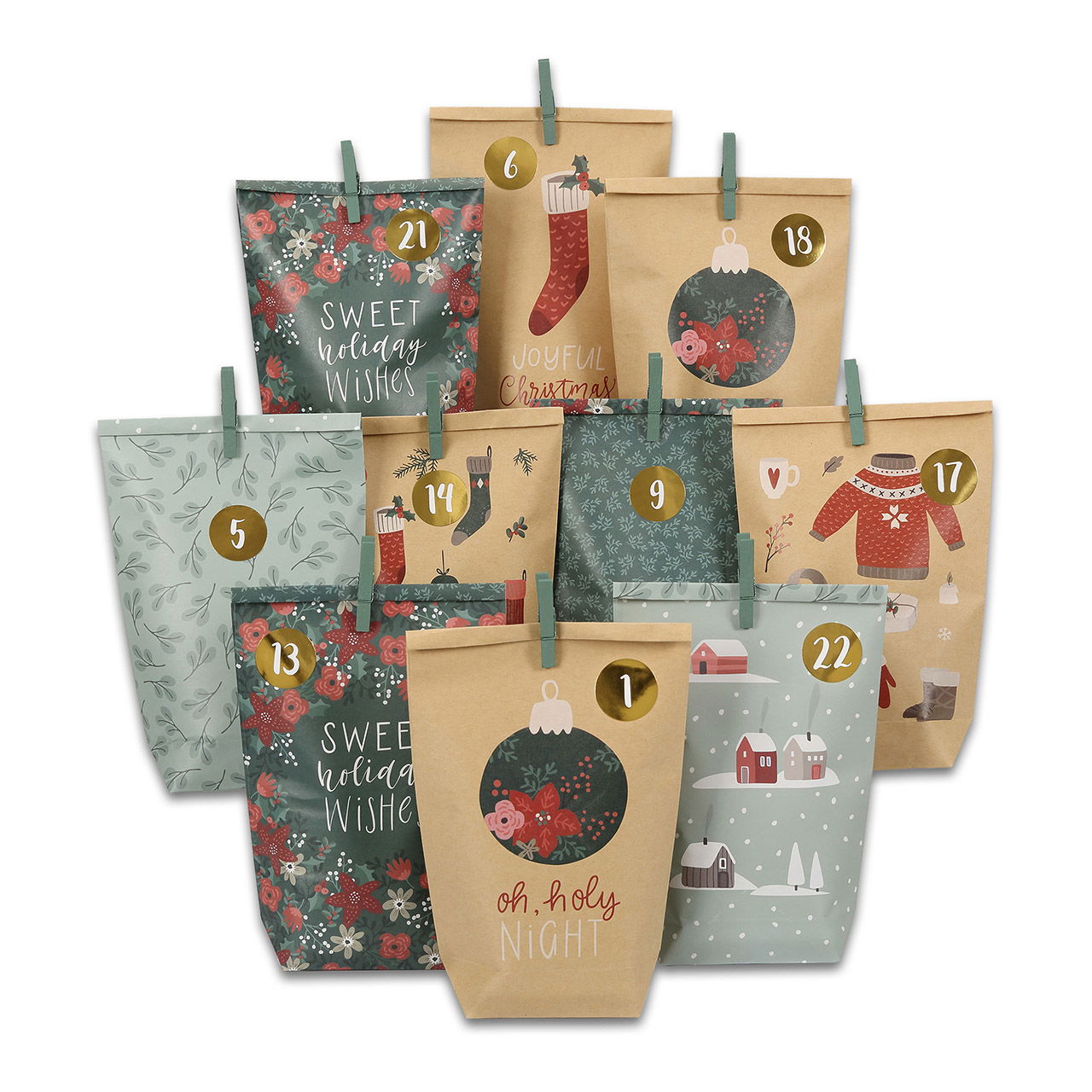 Adventskalender van inpakpapier/hout, 24 bedrukte zakjes (B/H) 14x22cm met clips, bruin/groen, 72 stuks (B/H/D) 24x34x1cm Adventskalender van inpakpapier/hout, 24 bedrukte zakjes (B/H) 14x22cm met clips, bruin/groen, 72 stuks (B/H/D) 24x34x1cm