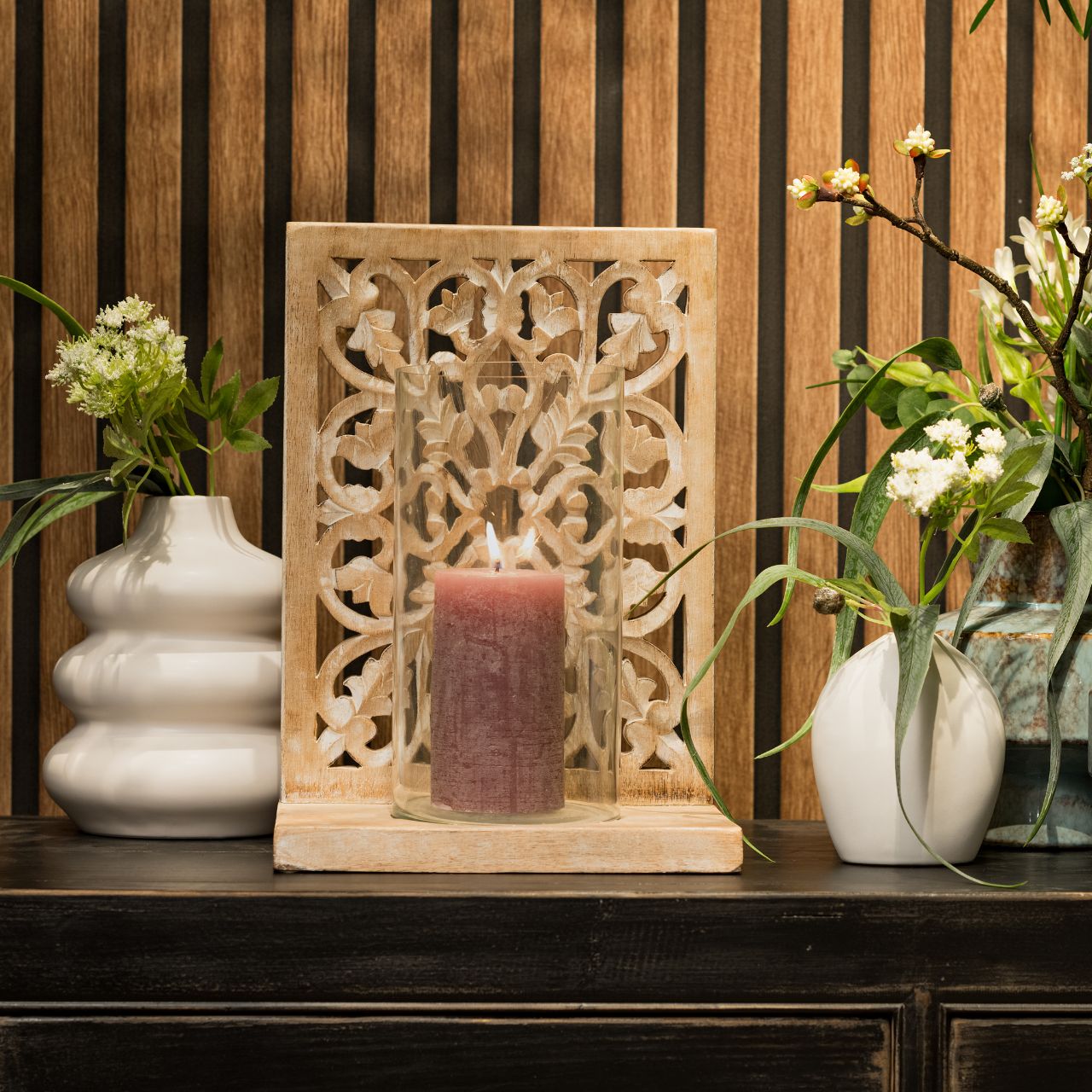 Lantern flower decor, made of mango wood, natural glass (W/H/D) 24x35x17cm Lantern flower decor, made of mango wood, natural glass (W/H/D) 24x35x17cm