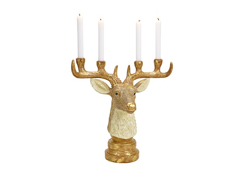 Portacandele testa di cervo per 4 candele in poli oro, bianco (L/H/D) 41x39x20cm