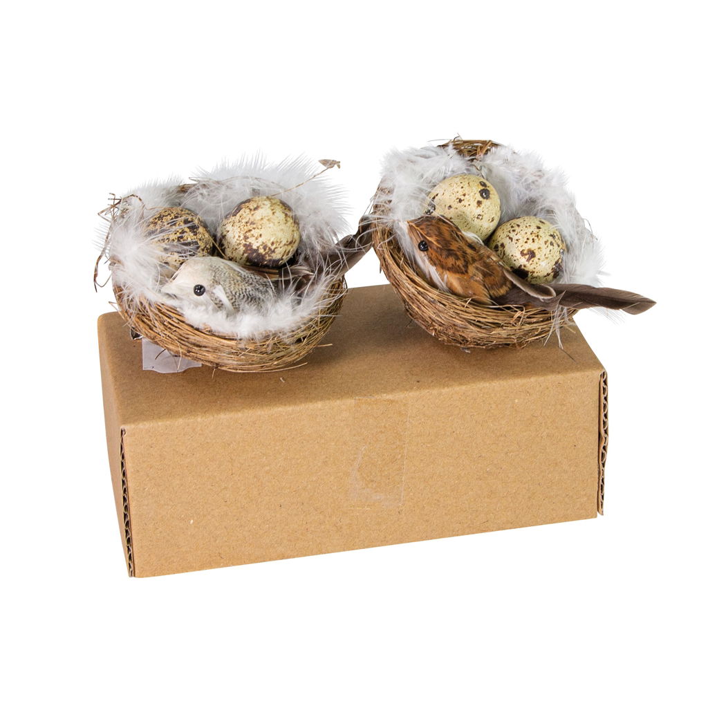 Nid décoratif avec oeufs avec clip, plumes, 8x4cm, 2 pcs/paquet, naturel Kiste
