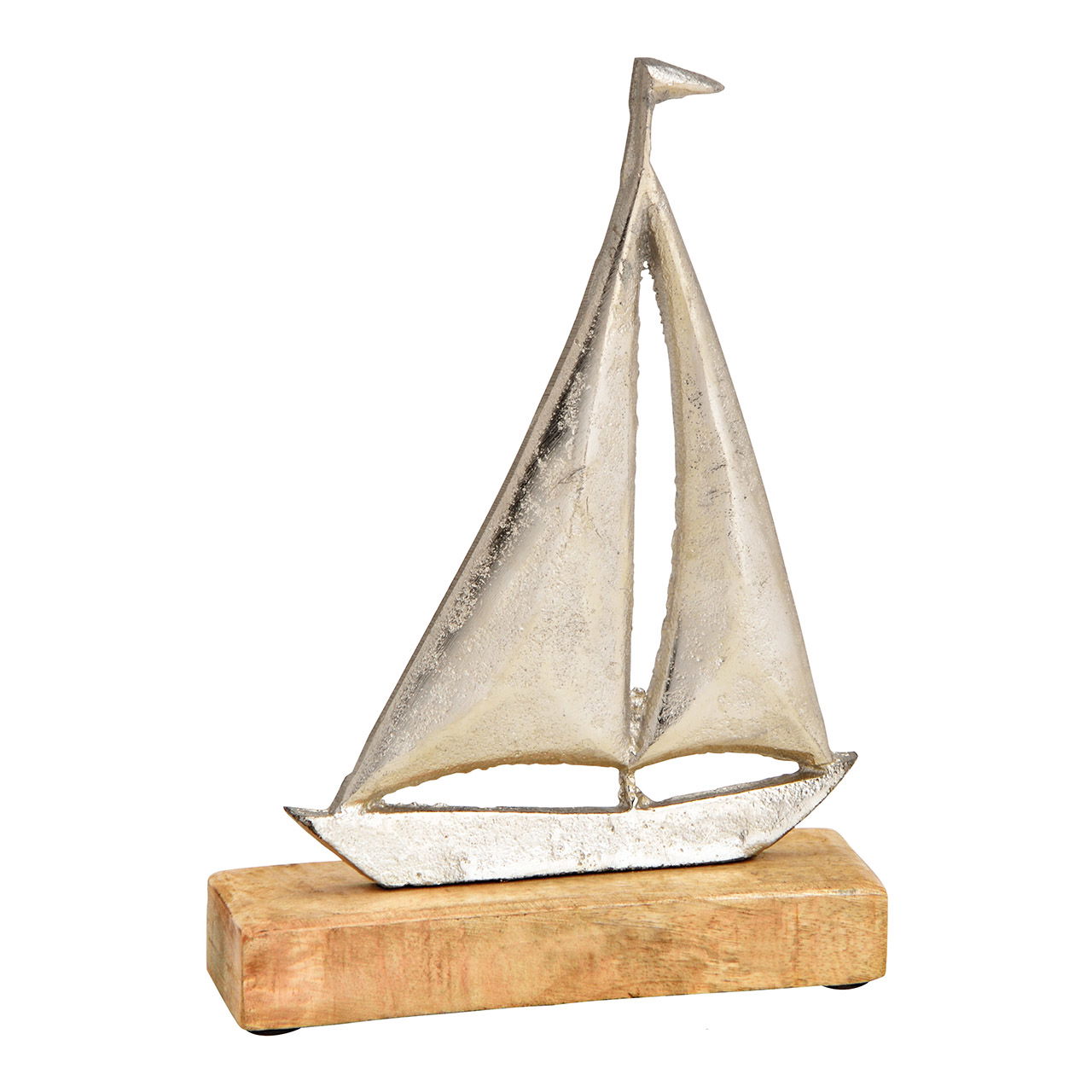 Aufsteller Segelboot auf Mangoholz Sockel aus Metall Silber (B/H/T) 16x21x5cm Boot, Segelboot, Transport, Fahrzeug, Holz
