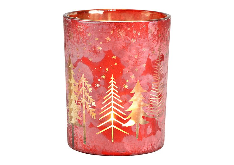 Lantaarn dennenboom decor van glas rood, goud (w/h/d) 10x12x10cm