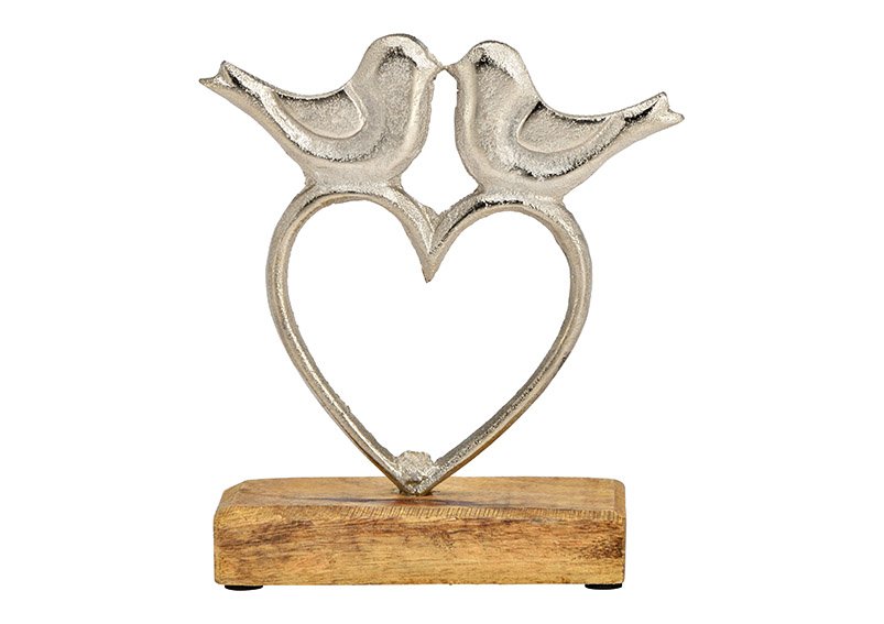 Standaard hart vogel decor op mangohouten voet, gemaakt van metaal zilver (B/H/D) 15x17x5cm