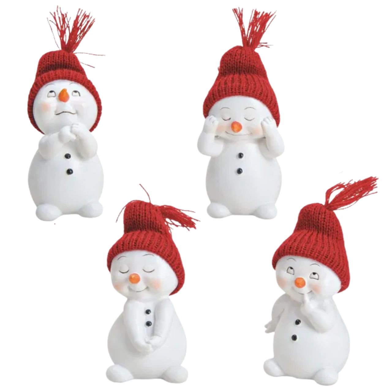 Schneemann mit roter Strickmütze aus Poly, Weiß, 4-fach sortiert, (B/H/T) 6x11x6cm Schneemann, Dekorfigur, Weihnachtsdekoration, Kunststoff, roter Hut