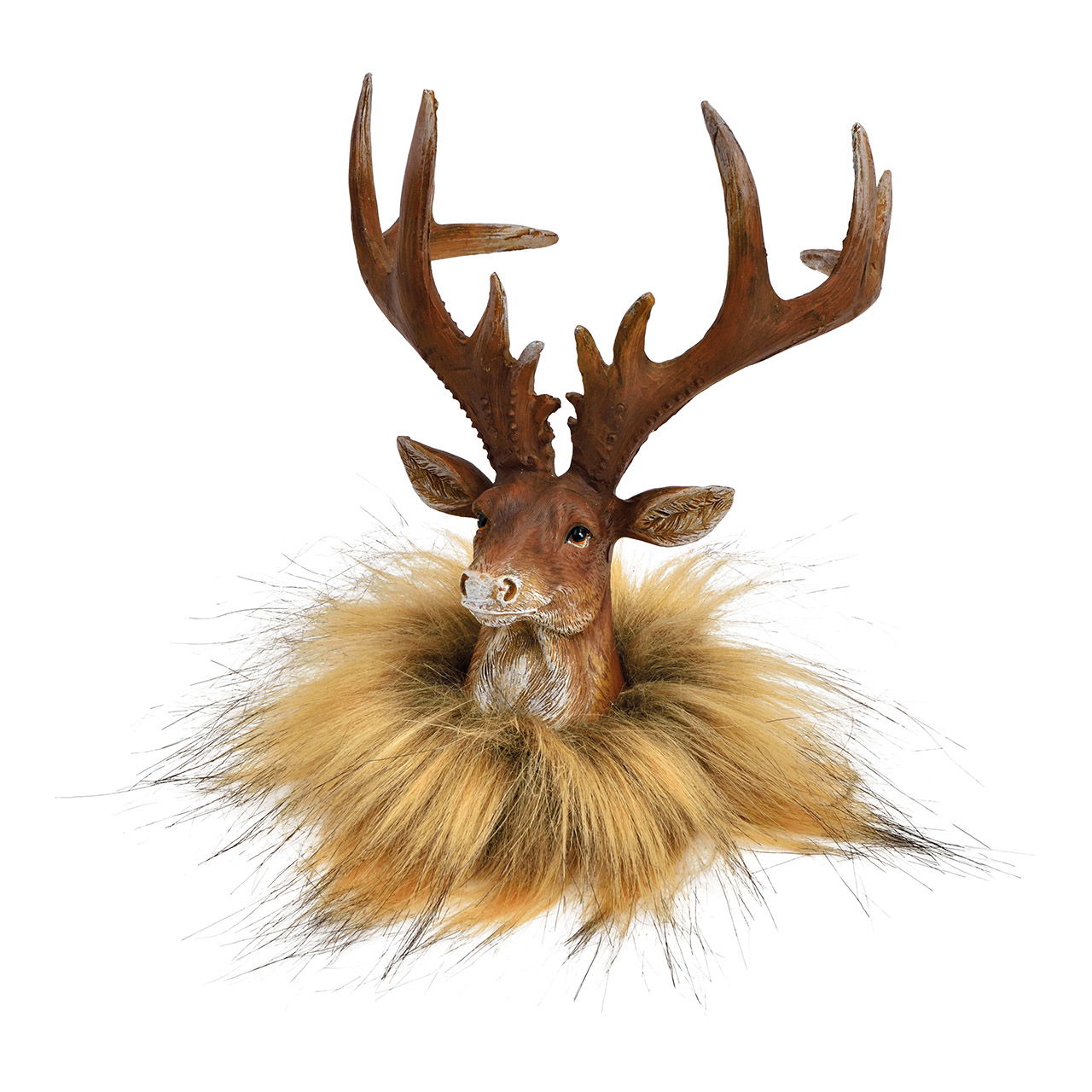 Deer head with faux fur made of brown poly (W/H/D) 14x16x14cm