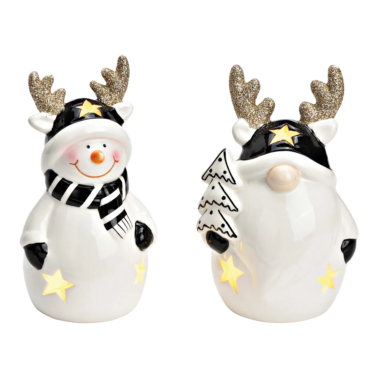 Babbo Natale segreto, pupazzo di neve con LED in ceramica bianco/nero 2 pieghe, (L/H/D) 8x12x7cm