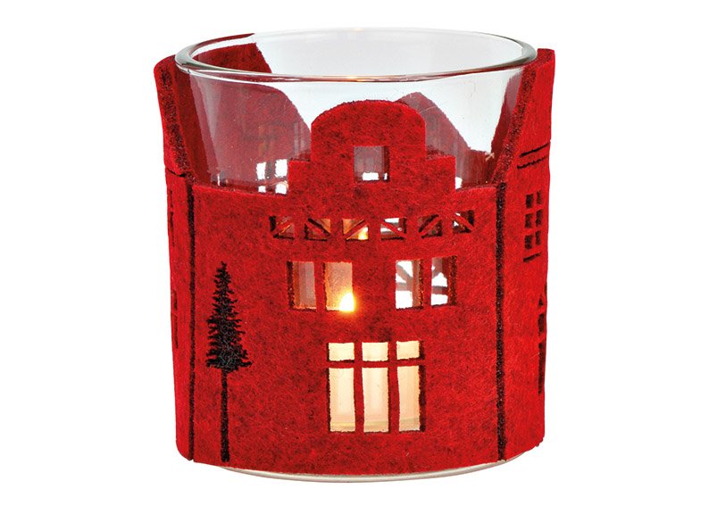 Windlicht Haus Dekor aus Glas, Filz rot (B/H/T) 7x8x7cm