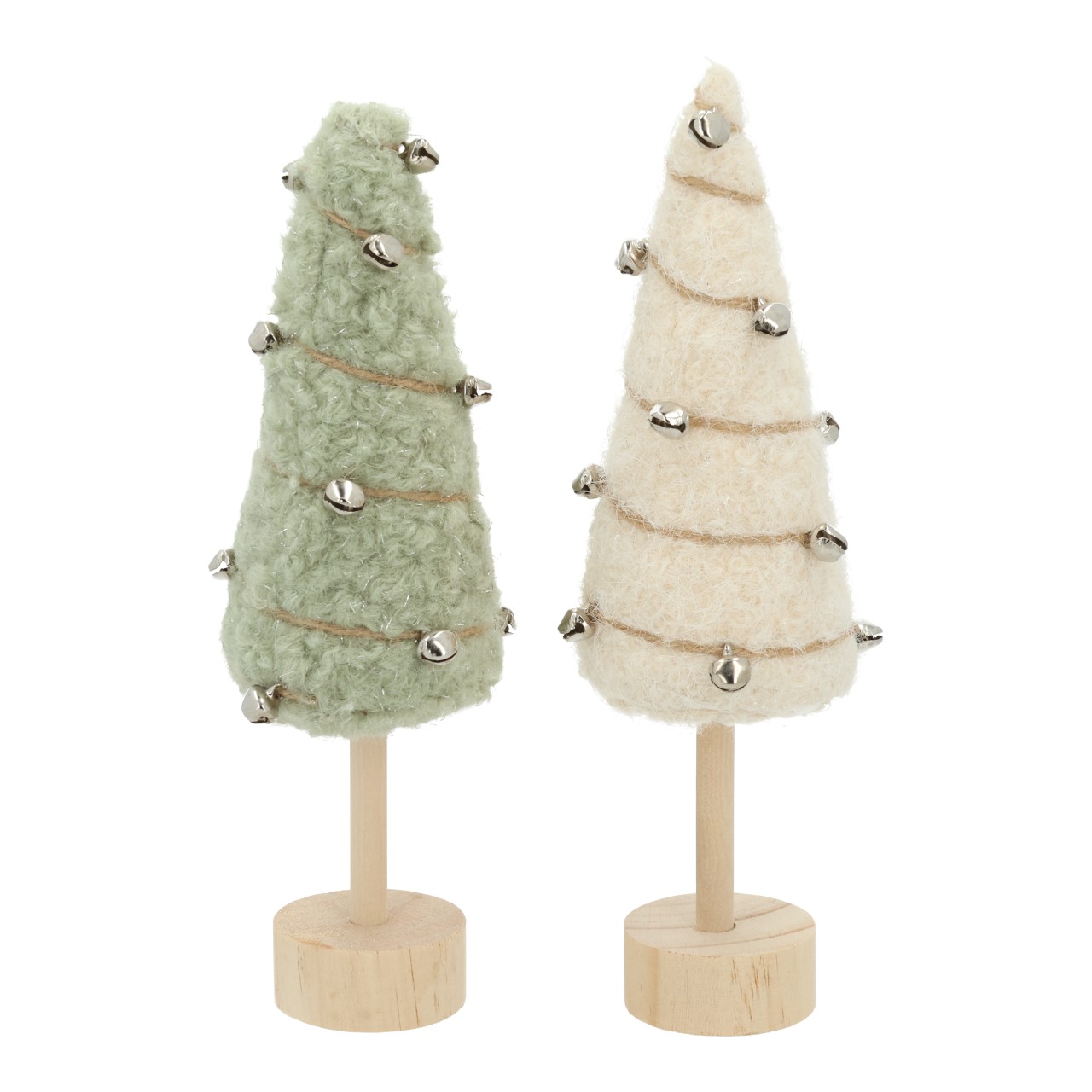 miniature trees, felt tree, wood base, twine wrap, silver bells