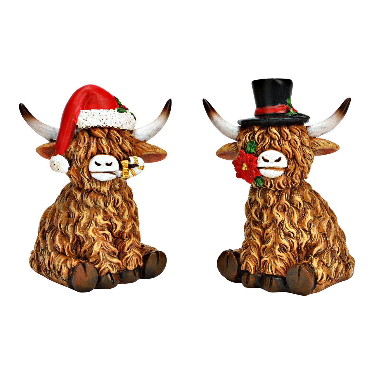 Figurine Vache Highland avec bonnet en poly, 2 fois, marron (L/H/P) 6x9x5cm Figur