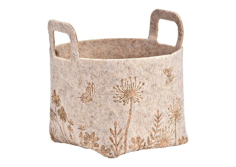 Basket with flower meadows decor of felt beige (W/H/D) 13x18x13cm