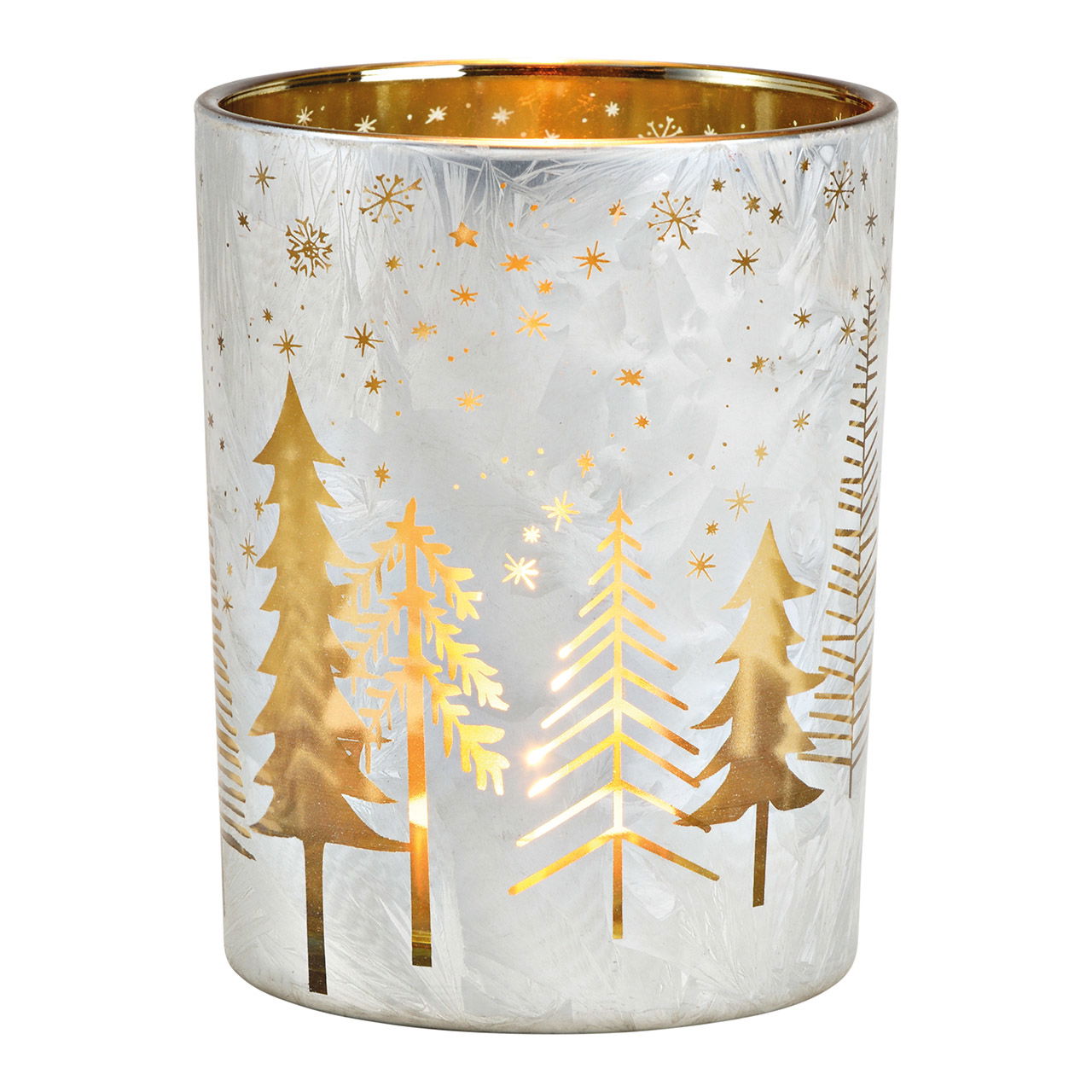 Windlicht Tannenbaum Dekor aus Glas Weiß, gold (B/H/T) 10x12x10cm