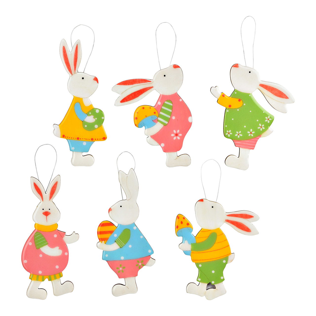 Hänger Hase aus Holz, 6-fach, Bunt (B/H) 6x14cm/30x50x10cm (48 Stk. auf Eierständer) Person, Kunst, Zubehör