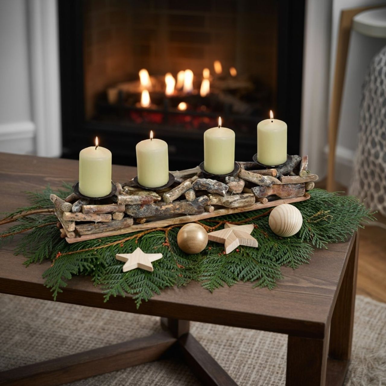 Adventskranz, Vier Kerzen, Holzscheiben, Tannengrün, Dekoration