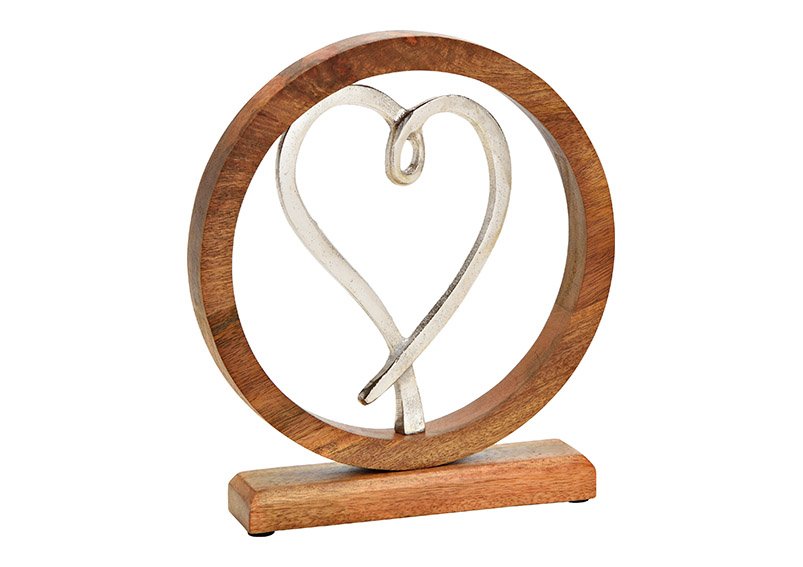 Corazón sobre soporte de madera de mango, círculo de metal plateado (c/h/d) 24x27x5cm