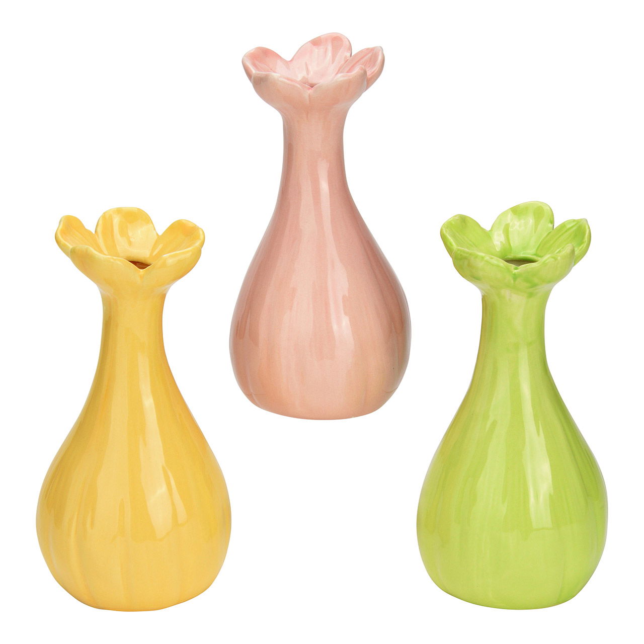 Vaso da fiori in ceramica, triplo, giallo/rosa/verde (L/H/D) 10x19x10cm Krug, Töpferei, Vase, Rauchrohr