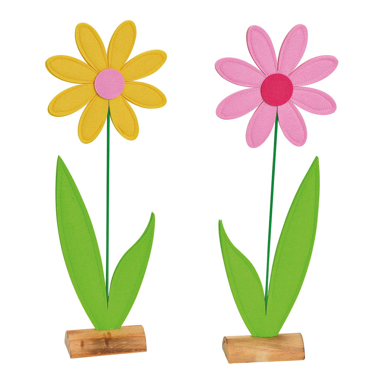 Flower on wooden stand felt yellow/pink 2-asst. 17x49x6cm