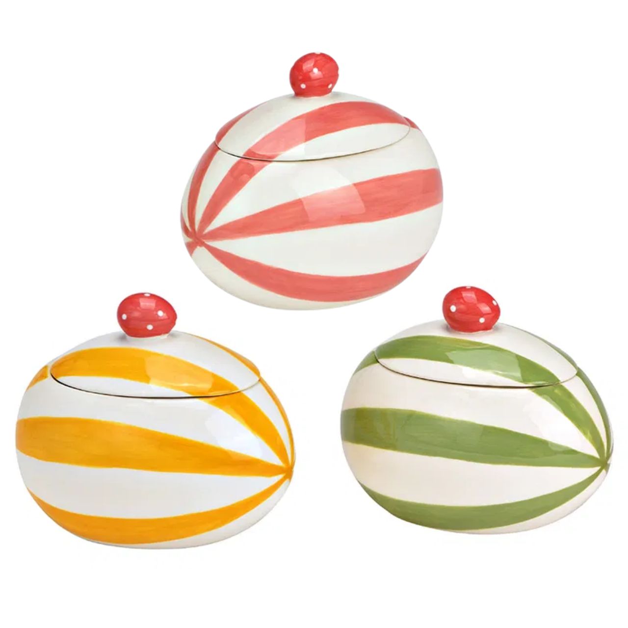 Vasetto per uova in ceramica a righe, 3 pieghe, giallo/verde/rosa (L/H/D) 12x11x9cm Keksdose, Zuckerdose, Keksbehälter, Ton-Glas, Deckel-Stopper