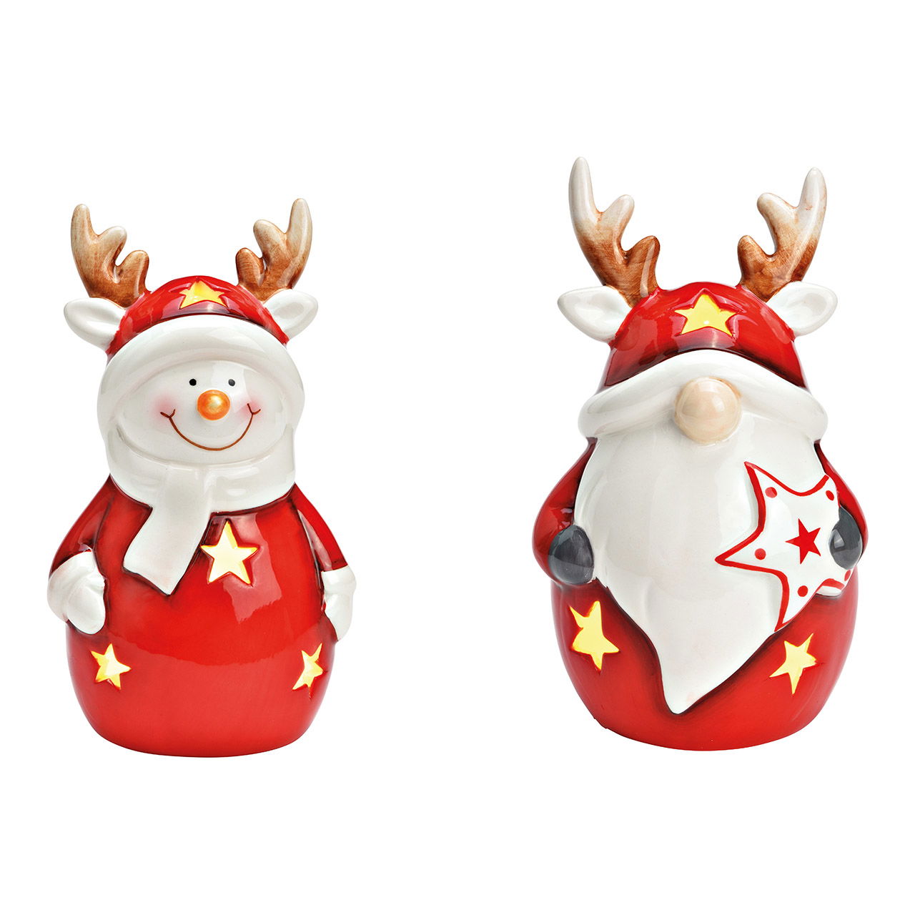 Babbo Natale segreto, pupazzo di neve con LED in ceramica rossa, bianca 2 pieghe, (L/H/D) 10x16x10cm