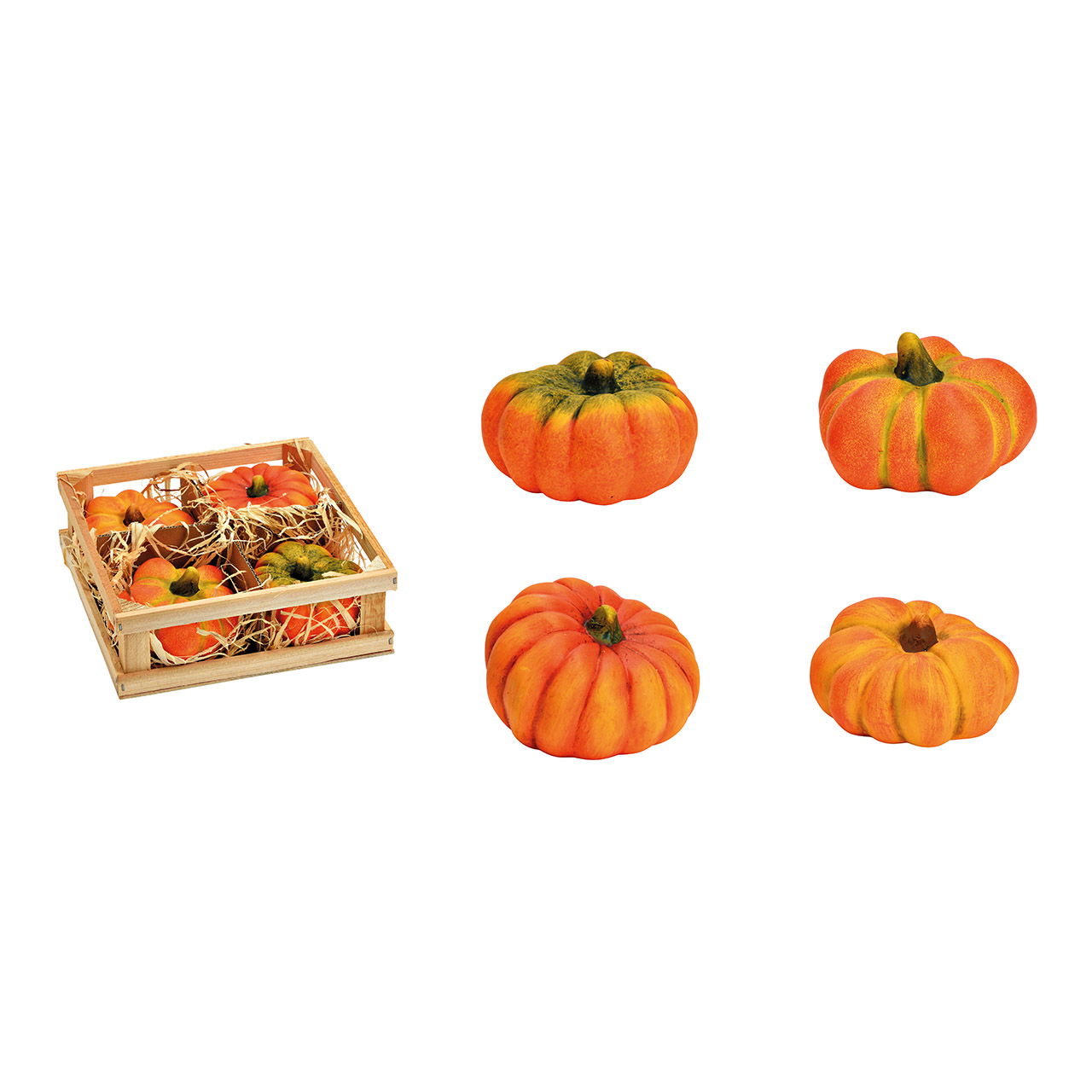 Pumpkin 8x5x8cm in wooden box set of 4, made of clay orange (W/H/D) 18x18x6cm