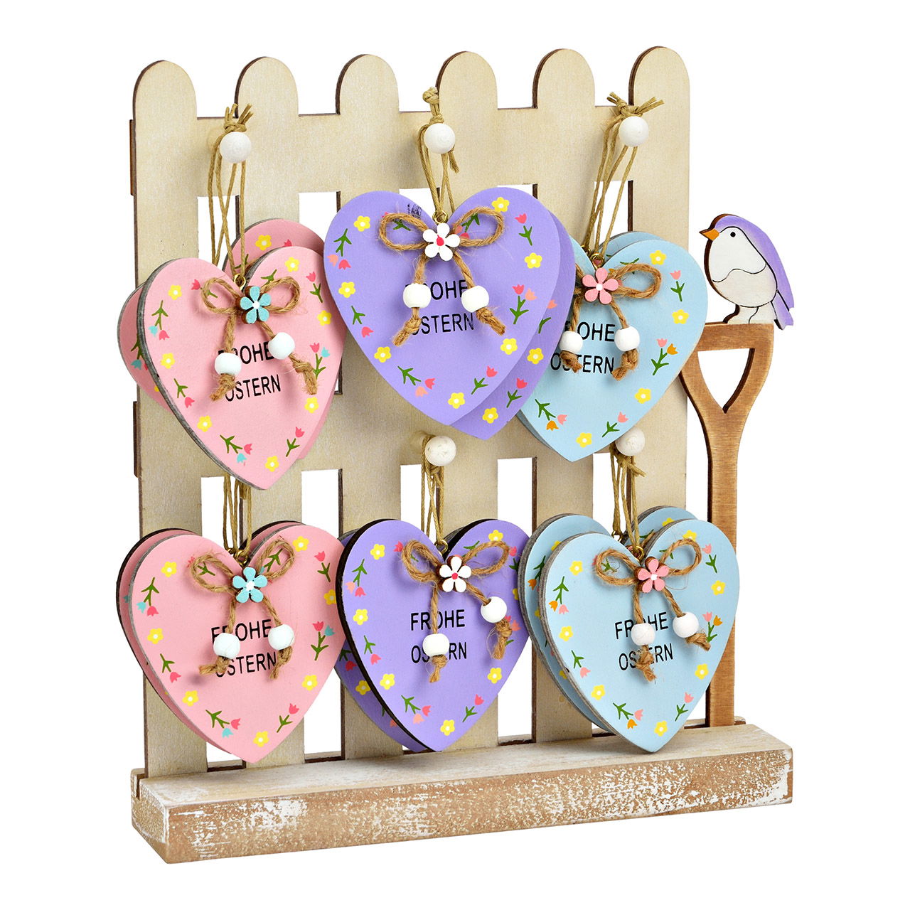Houten hartenhanger, Vrolijk Pasen, 3-voudig, paars (B/H/D) 7x7x1cm 12er aud standaard 21x24x5cm