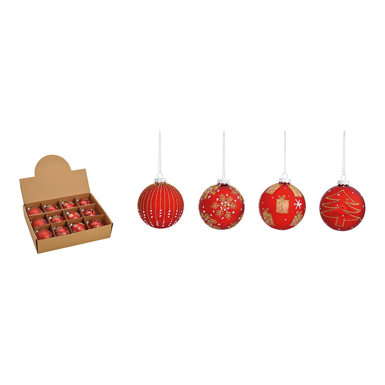 Weihnachtskugel Glitter Weihnachtsmotiv aus Glas, 4-fach, Rot/Gold Ø8cm Weihnachtskugel Glitter Weihnachtsmotiv aus Glas, 4-fach, Rot/Gold Ø8cm