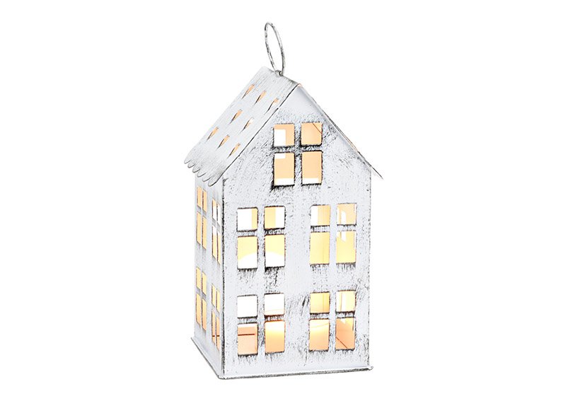Windlicht metalen huis wit (B/H/D) 11x20x11cm