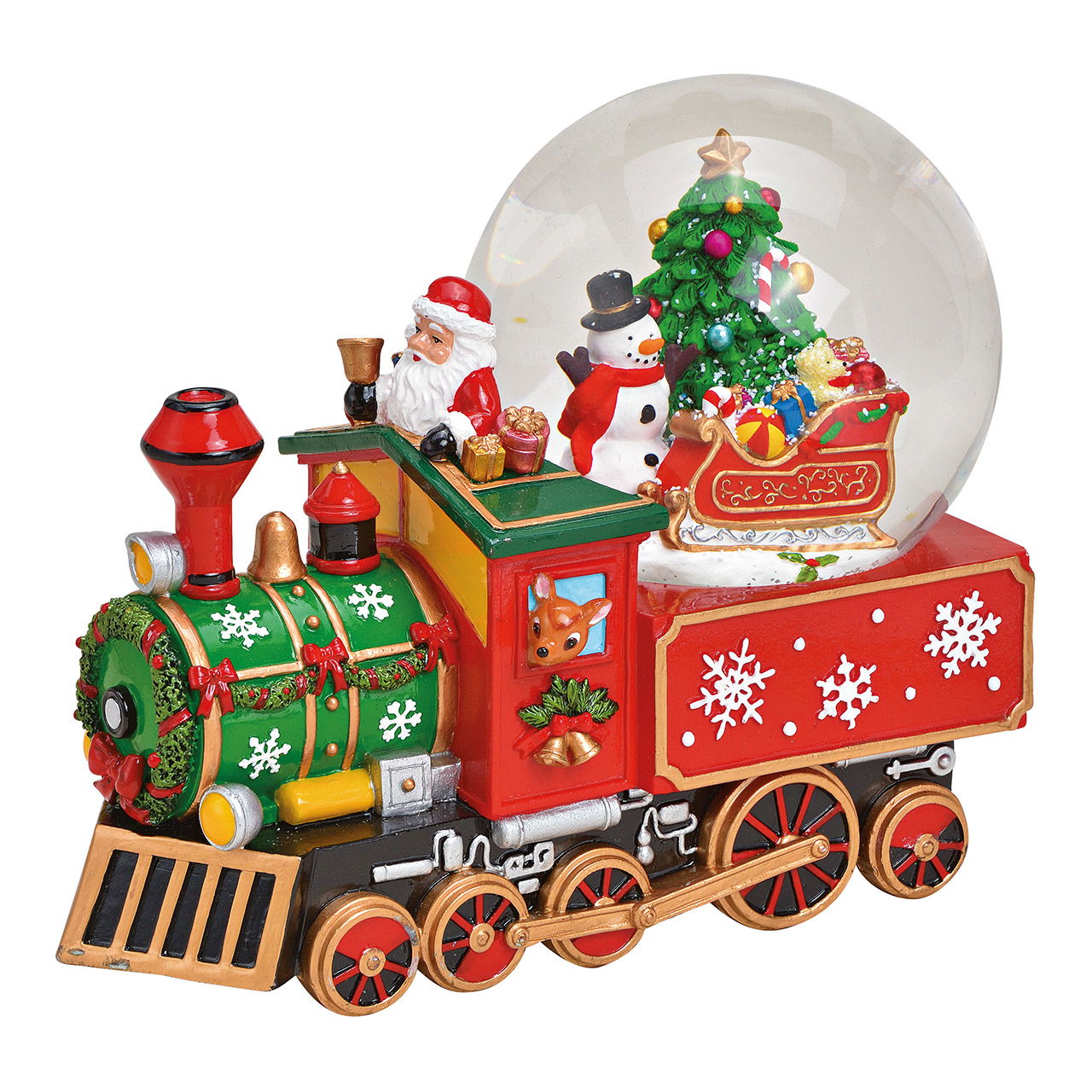 Orologio musicale, globo di neve con musica locomotiva di Babbo Natale in polietilene colorato (L/H/D) 25x21x14cm Orologio musicale, globo di neve con musica locomotiva di Babbo Natale in polietilene colorato (L/H/D) 25x21x14cm