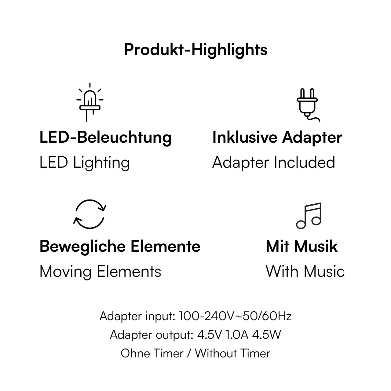 LED-Beleuchtung, Adapter inklusive, Bewegliche Elemente, Musikfunktion, Ohne Timer