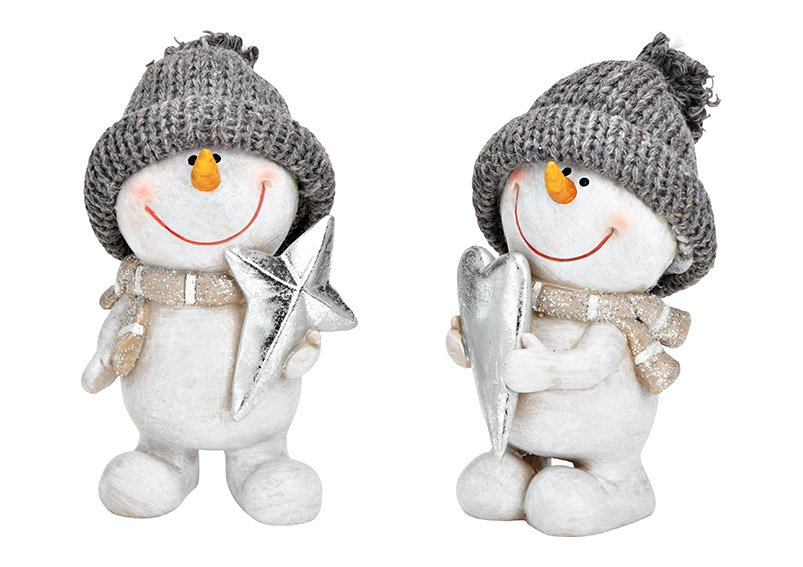 Poly snowman, textile white, grey 2-fold, (W/H/D) 8x14x8cm