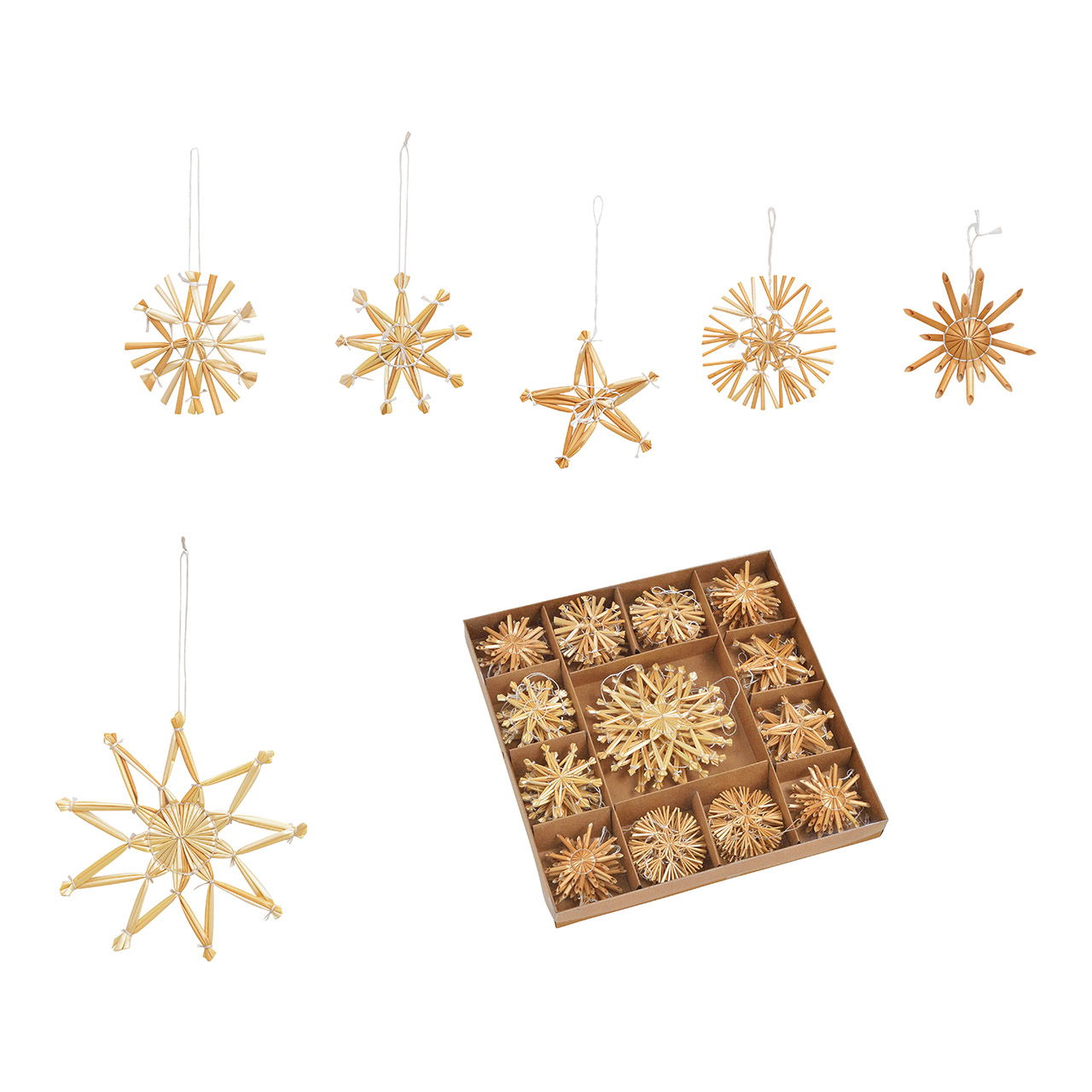 Set de pendentifs de Noël en paille, 6-10cm, petite étoile (L/H/P) 6x6x0.3 cm, naturel Set de 52, (L/H/P) 26x3x26cm