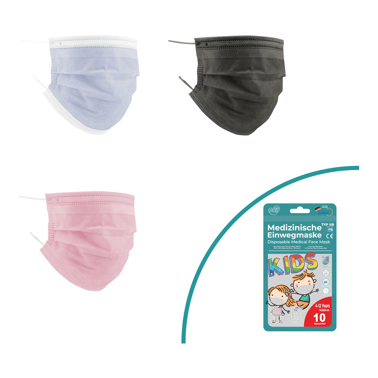 Medizinische Mund-Nasen-Maske, Mini, für Kinder, 3-lagig, 10er im Beutel aus Polyester Grau, pink, blau 3-fach Medizinische Mund-Nasen-Maske, Mini, für Kinder, 3-lagig, 10er im Beutel aus Polyester Grau, pink, blau 3-fach
