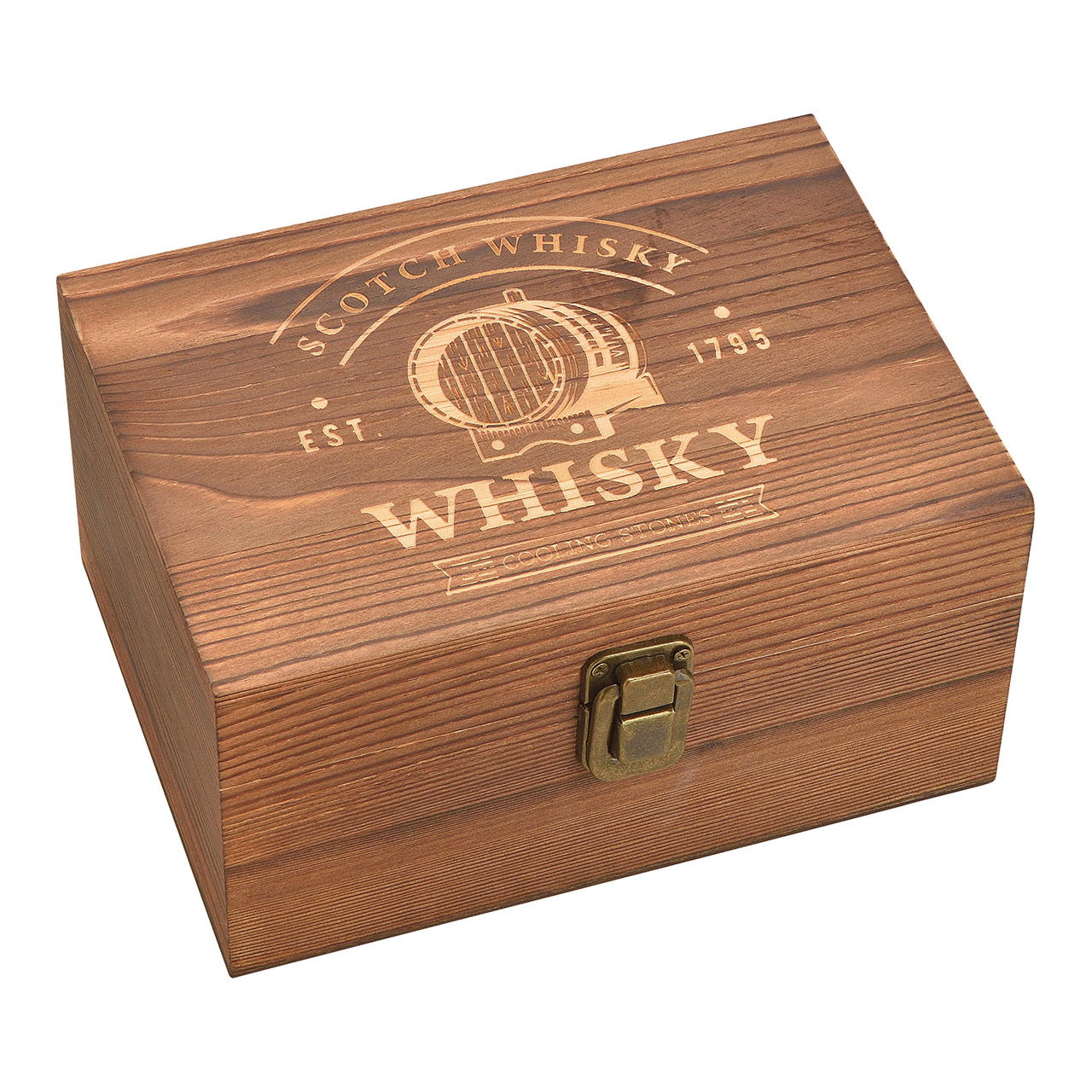 Stainless steel whisky ice cube set, 2.7cm, 4 cubes, 1 glass 9x8x9cm, 300ml, incl. velvet bag, in wooden box 19x10x14.7cm