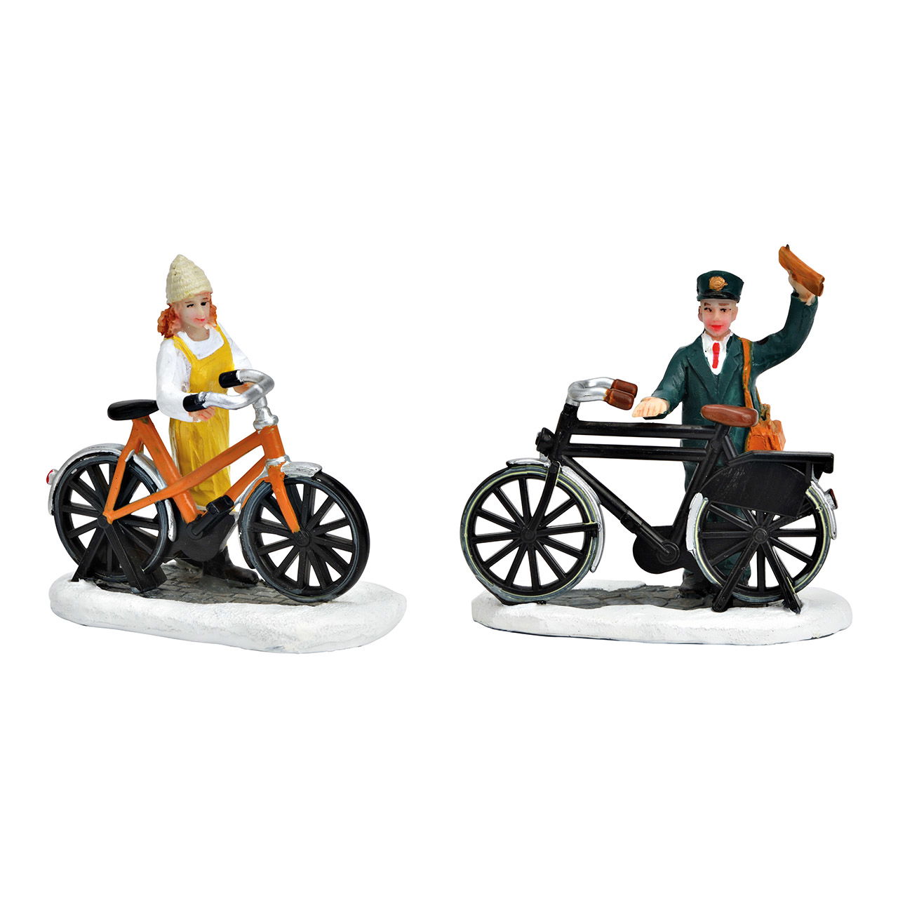 Miniatuur figuren fiets postbode, vrouw uit poly gekleurd 2-voudig, (B/H/D) 8x8x4cm