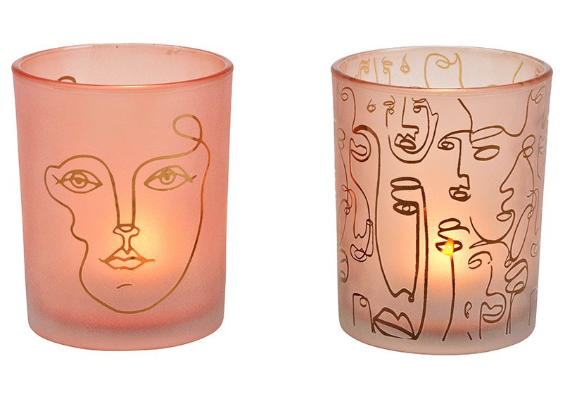Glazen lantaarn gezicht decor roze/roze 2-voudig, (w/h/d) 10x13x10cm