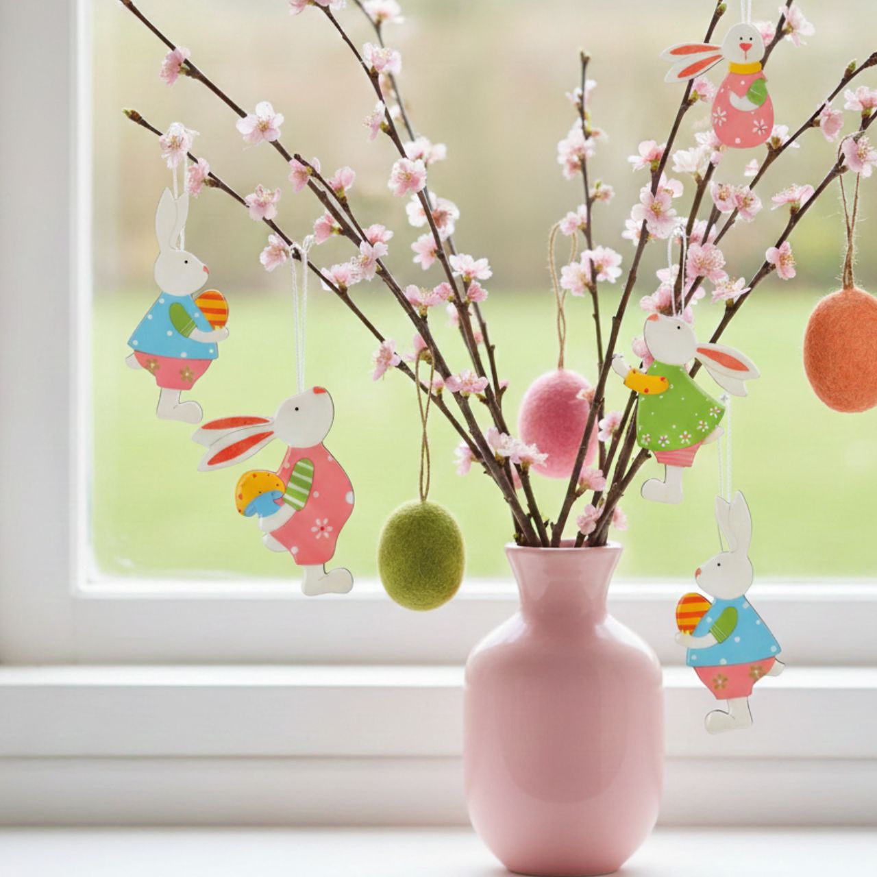 Felt/plastic Easter egg hanger, 4-fold, beige/pink/green/orange (W/H/D) 4x6x4cm Wollfilz Ornament, Eier Ornament, Kugelanhänger, Wollfilz-Kugel, Hohes Seilband