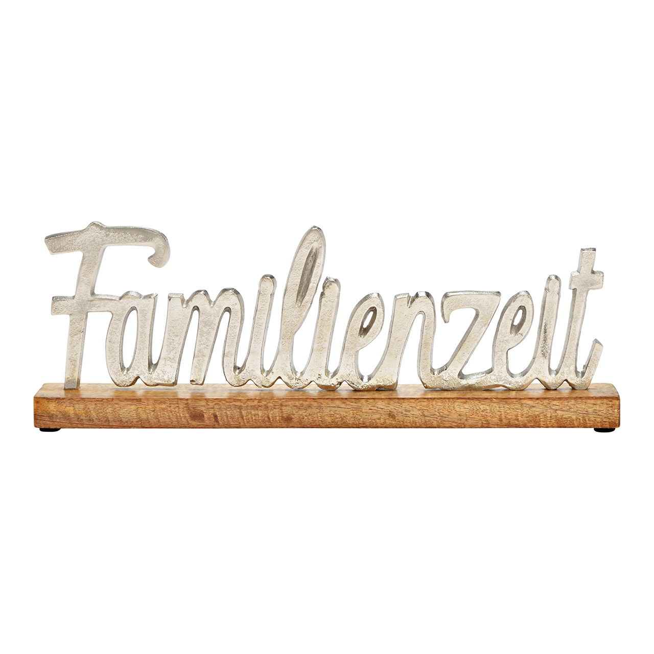 Espositore con scritta, family time, su base in legno di mango in metallo argento (L/H/D) 40x14x5cm