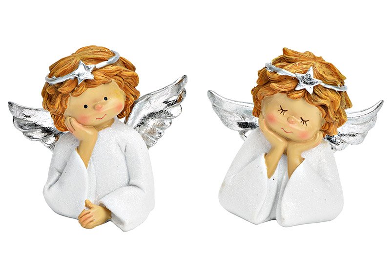 Angel head with glitter of poly white 2-fold, (W/H/D) 10x9x5cm