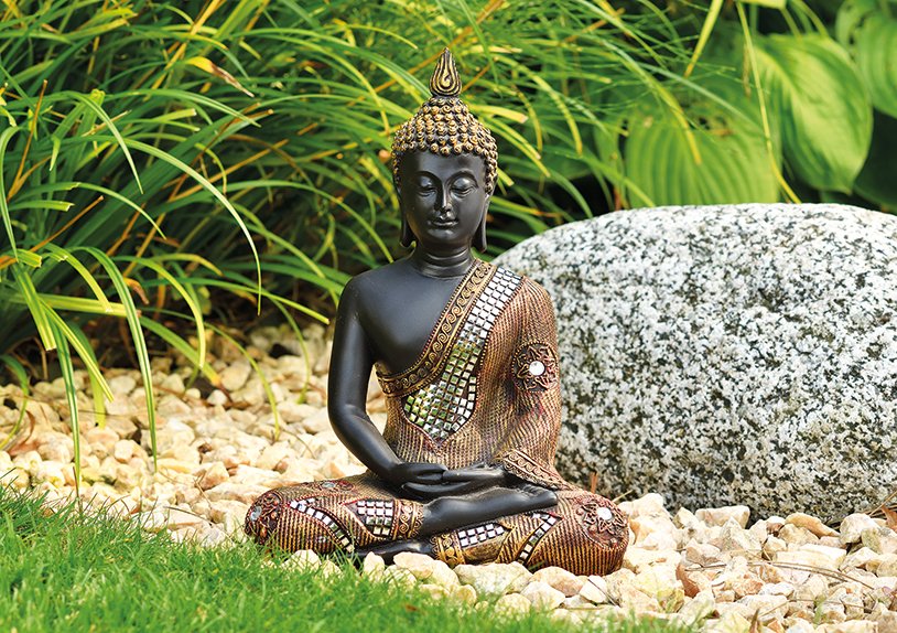Buddha in schwarz/gold aus Poly, B21 x T12 x H27 cm