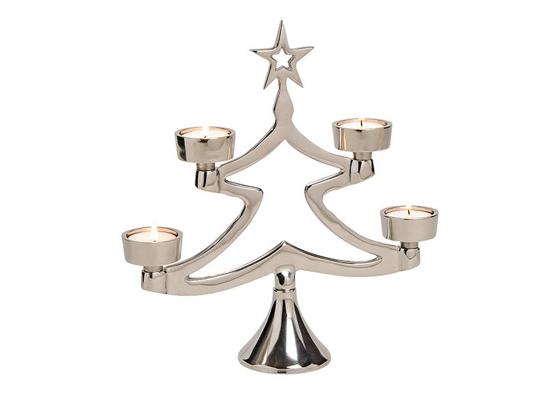 Tealightholder tree for 4 tealights, aluminium, silver, (w/h/d) 27x29x7cm