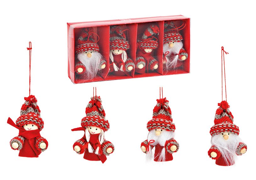 Set de pendentifs de Noël lutin, enfant hiver 5x8x3cm, en bois, textile rouge Set de 4, (L/H/P) 18x3x8cm