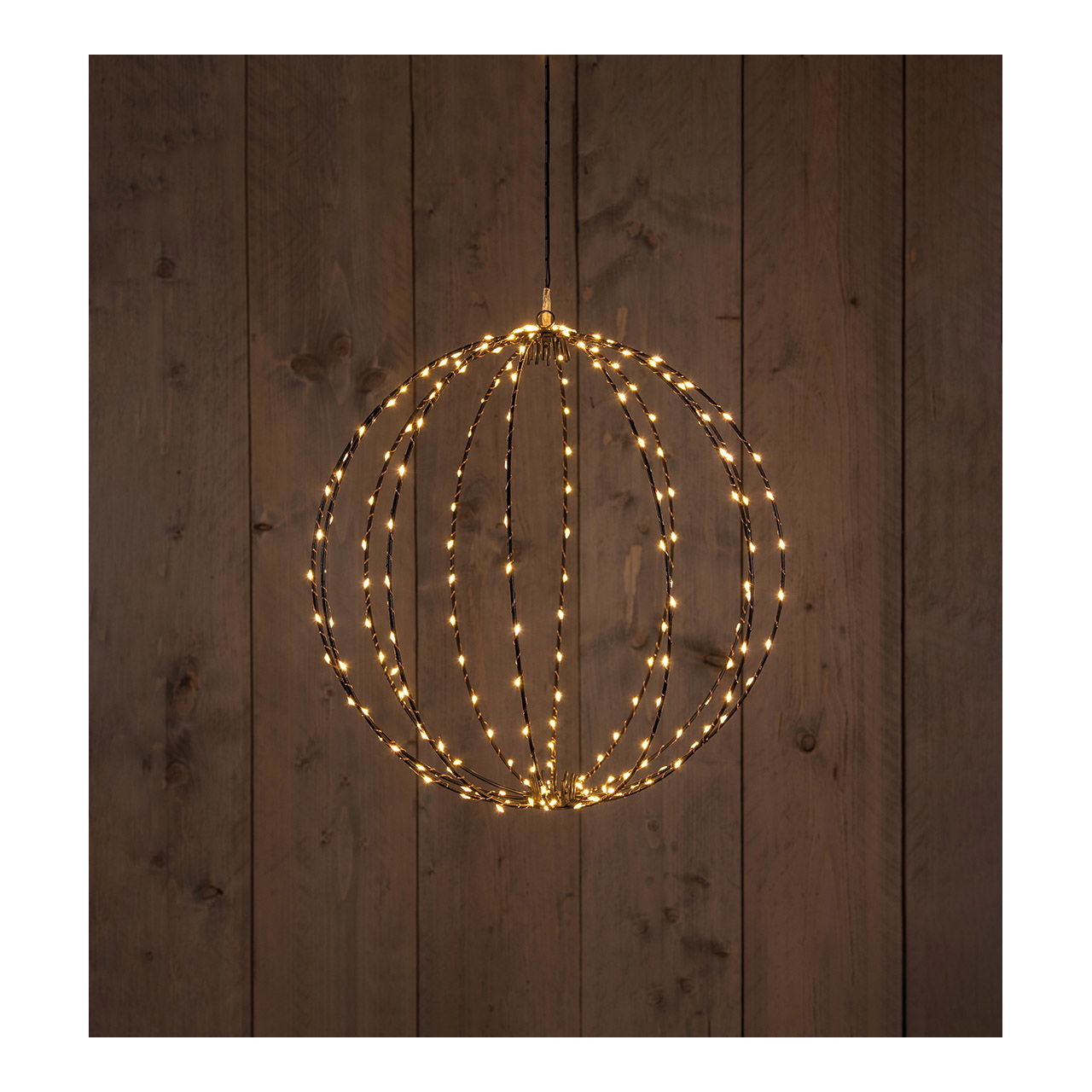 Bola colgante con luz 192 LEDs, clásica cálida, cable de 5M, con temporizador 8/16 on/off/dimmer IP44 transformador metálico negro Ø40cm