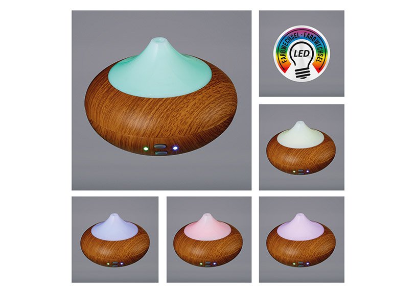 Aroma diffuser with wellness lighting, wood look approx. 1 abs / pp, 210ml tank volume, incl. usb cable, 105cml, on / off switch, 7 color changes adjustable, 5 watts, 13x10x13cm