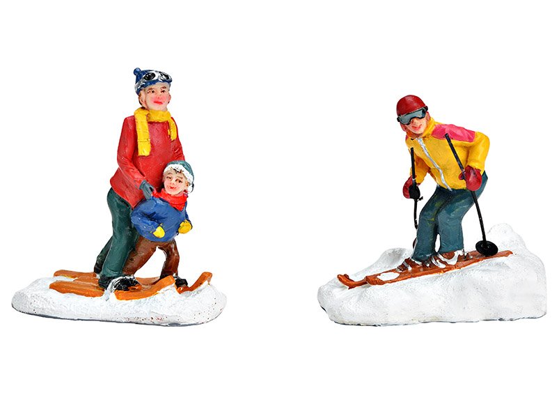 Miniatuur skiër gemaakt van poly kleurrijk 2-voudig, (B/H/D) 6x6x3cm